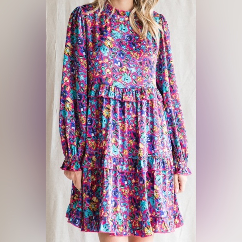 JODIFL Blue and Purple Floral Print Knee-Length Dress
